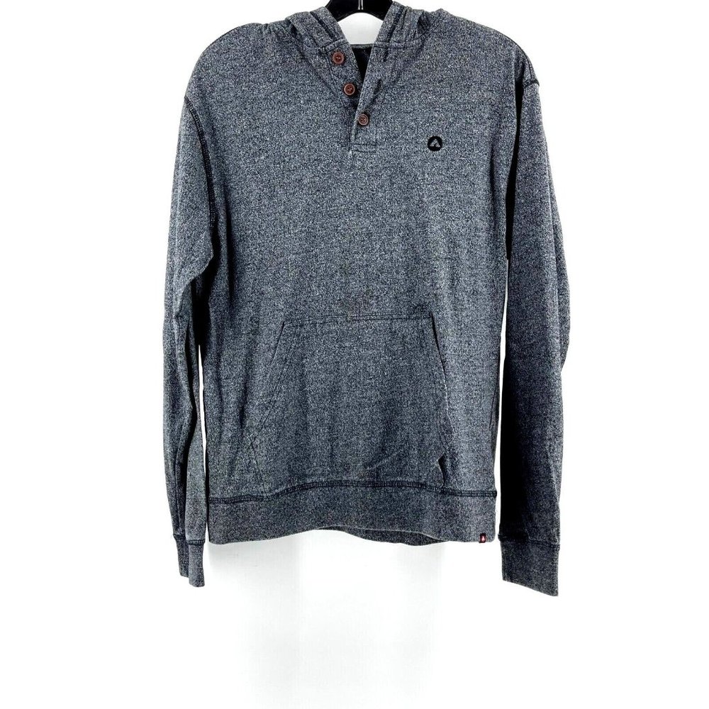 Men's Gray Black Speckled Button Hooded Sweat Shirt Hoodie Front Pocket Size S